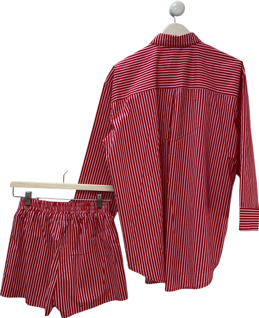 Nasty Gal Red Cotton Stripe Multiwear Pajama Shirt And Shorts Set UK 6