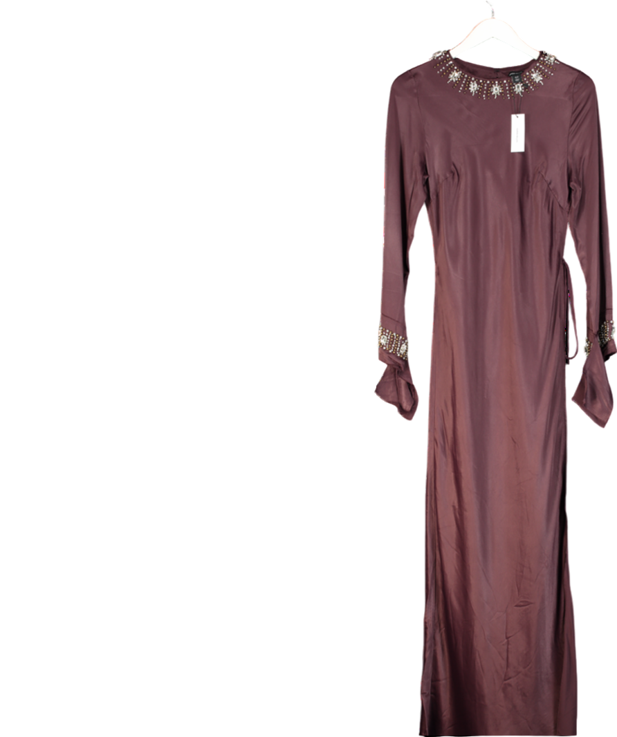 Karen Millen Brown The Founder Crystal Embellished Raw Edge Satin Wrap Maxi Dress UK 10