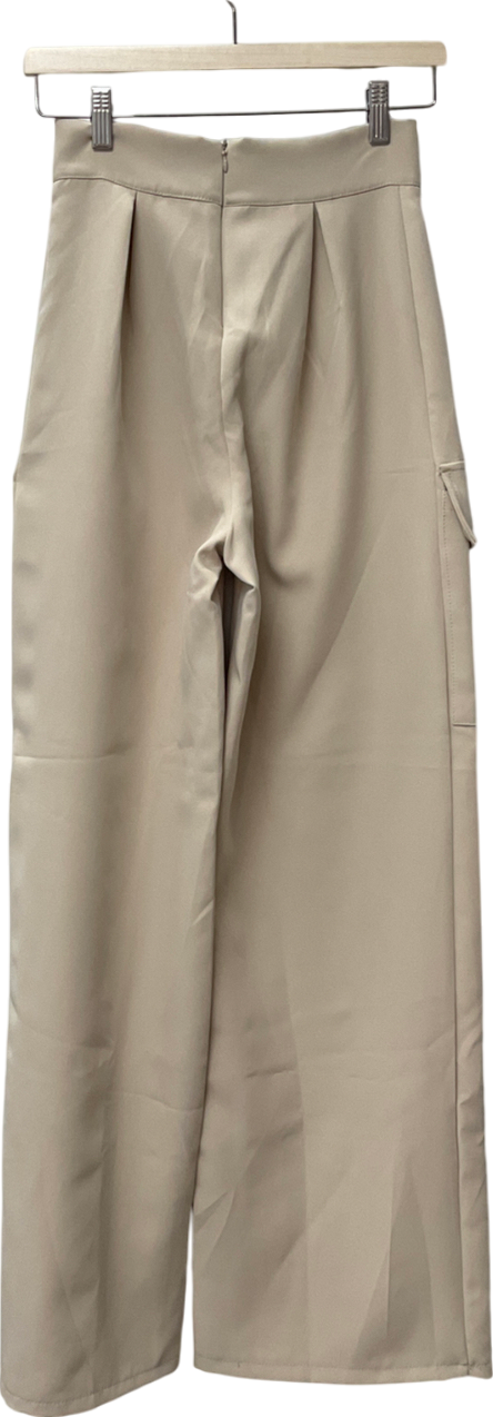 PrettyLittleThing Beige Woven Tailored Pocket Detail Wide Leg Trouser UK 6