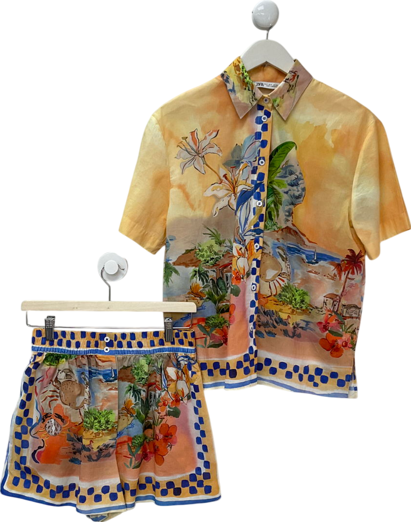 ZARA Yellow Collection Printed Shirt And Shorts UK XS/S