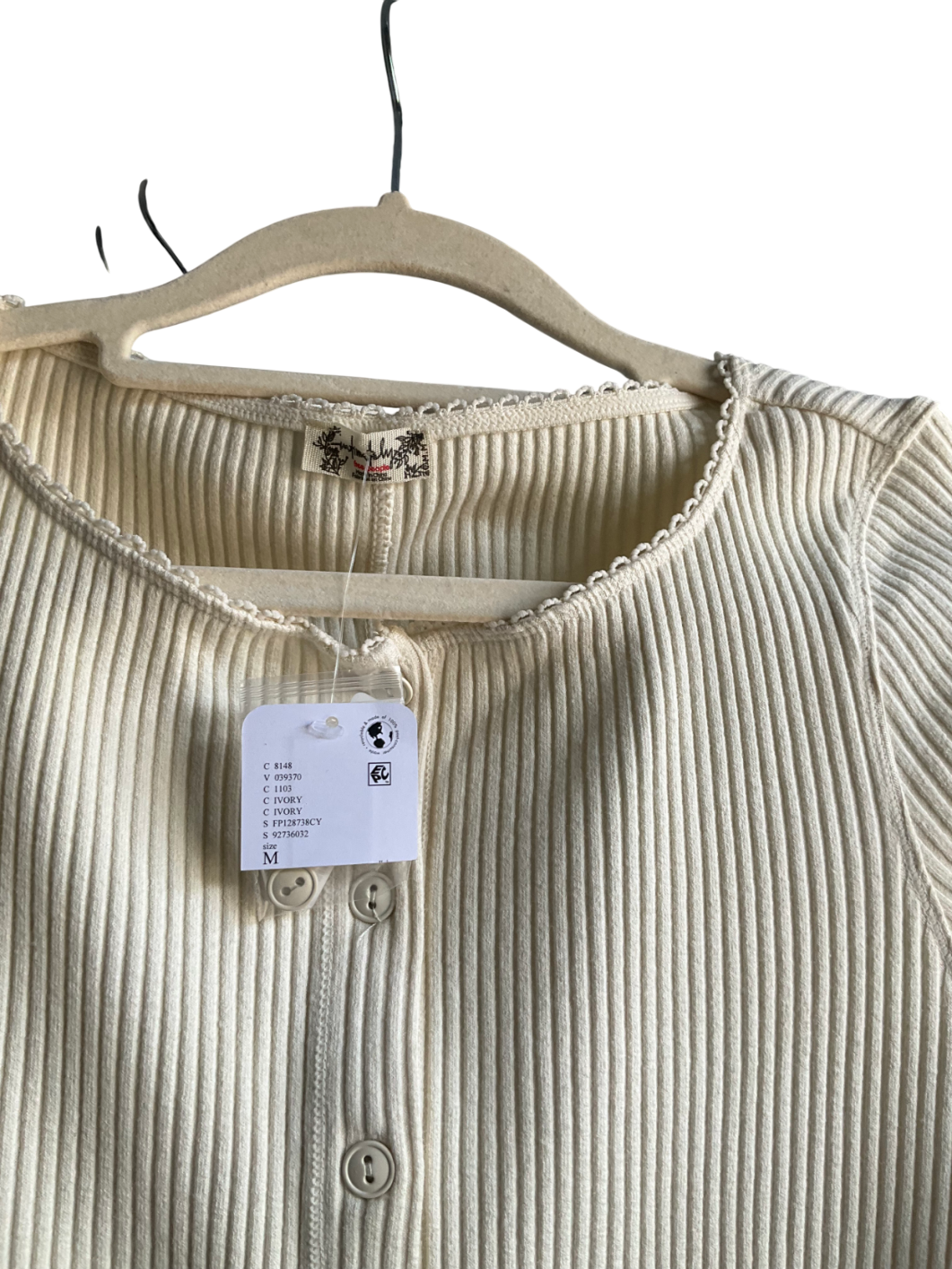 Free People Cream Ivory Button Through Ribbed T-shirt UK M
