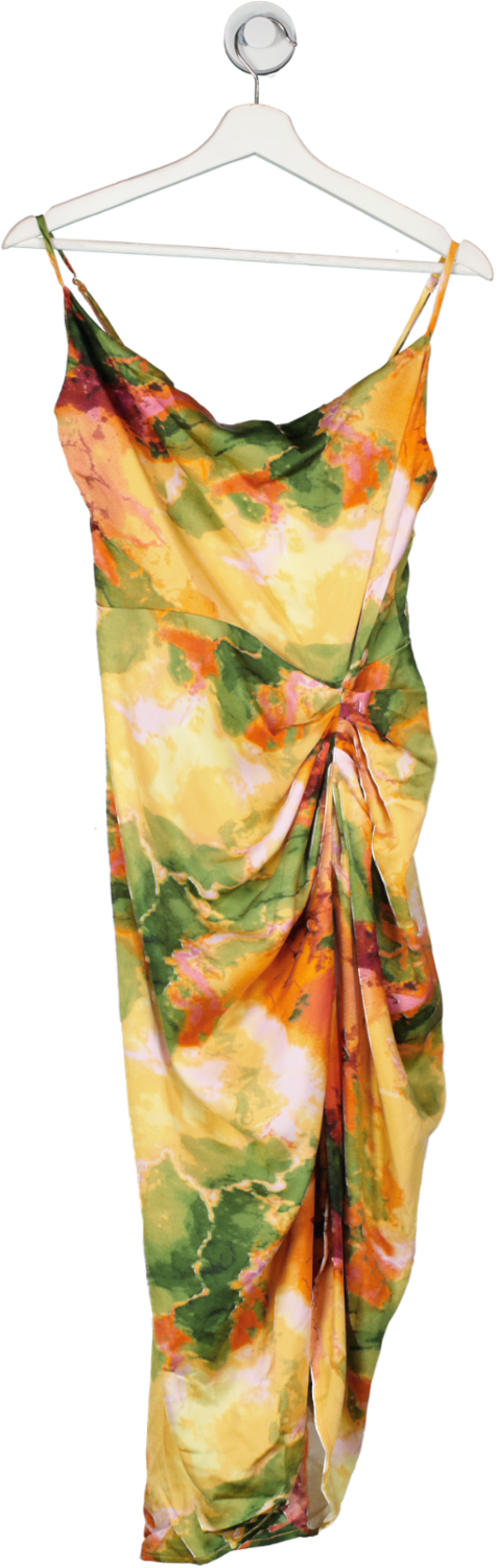 QUIZ Multicoloured Satin Marble Print Ruched Midi Dress UK 8