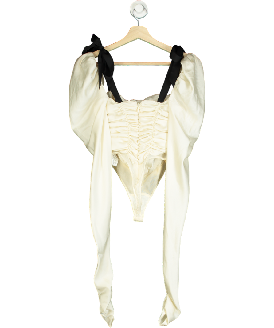 House of CB Cream Ruched Body Suit With Long Puff Sleeve Arms UK XS