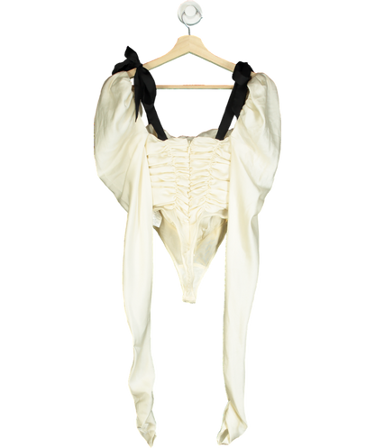 House of CB Cream Ruched Body Suit With Long Puff Sleeve Arms UK XS