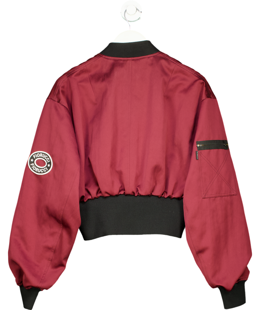 FIORUCCI Burgundy Satin Logo Patch Cropped Bomber Jacket UK S