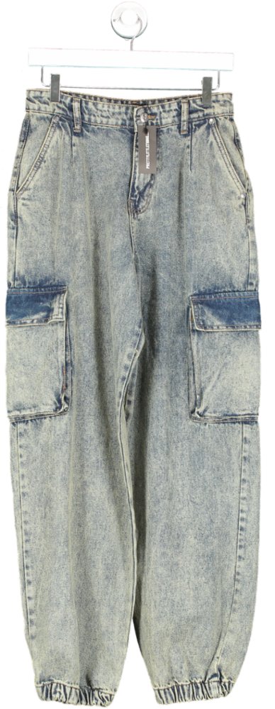PrettyLittleThing Blue Shape Vintage Wash Cargo Pocket Detail Cuff Baggy Jeans UK 6