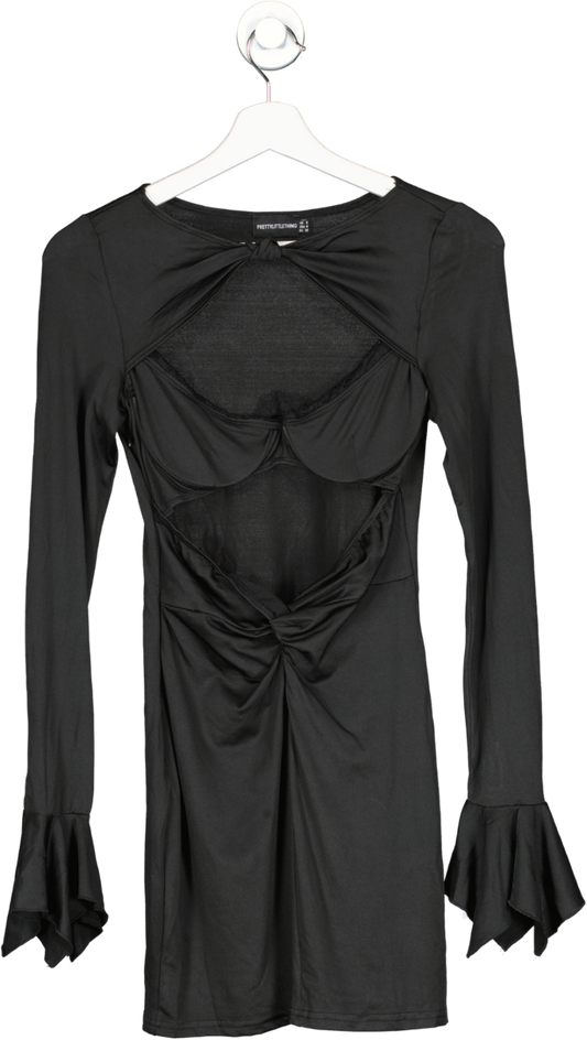 PrettyLittleThing Black Slinky Twist Cut Out Long Sleeve Bodycon Dress UK 8