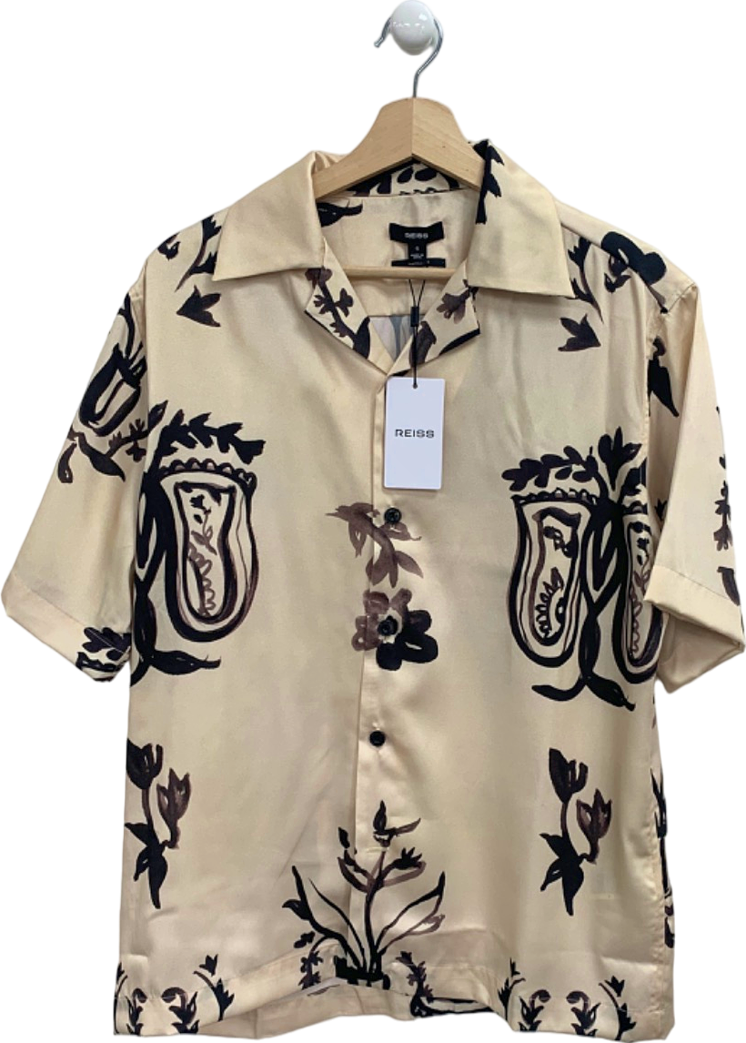 Reiss Beige Printed Short Sleeve Shirt UK S