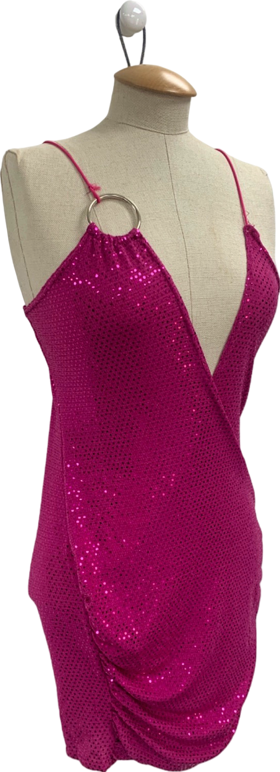 Pretty Little Thing Pink Textured Glitter Ring Detail Extreme Plunge Bodycon Dress UK 8