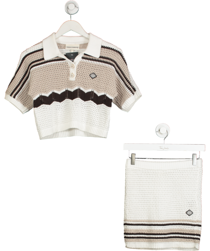 The Couture Club White Stripe Crochet Knitted Open Collar Shirt & Mini Skirt UK XS