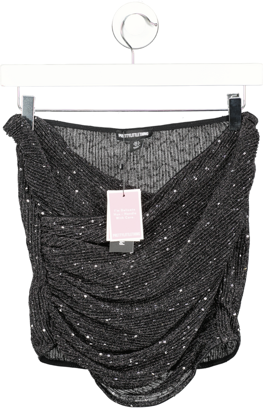 PrettyLittleThing Black Sequin Cross Over Mini Skirt UK 8