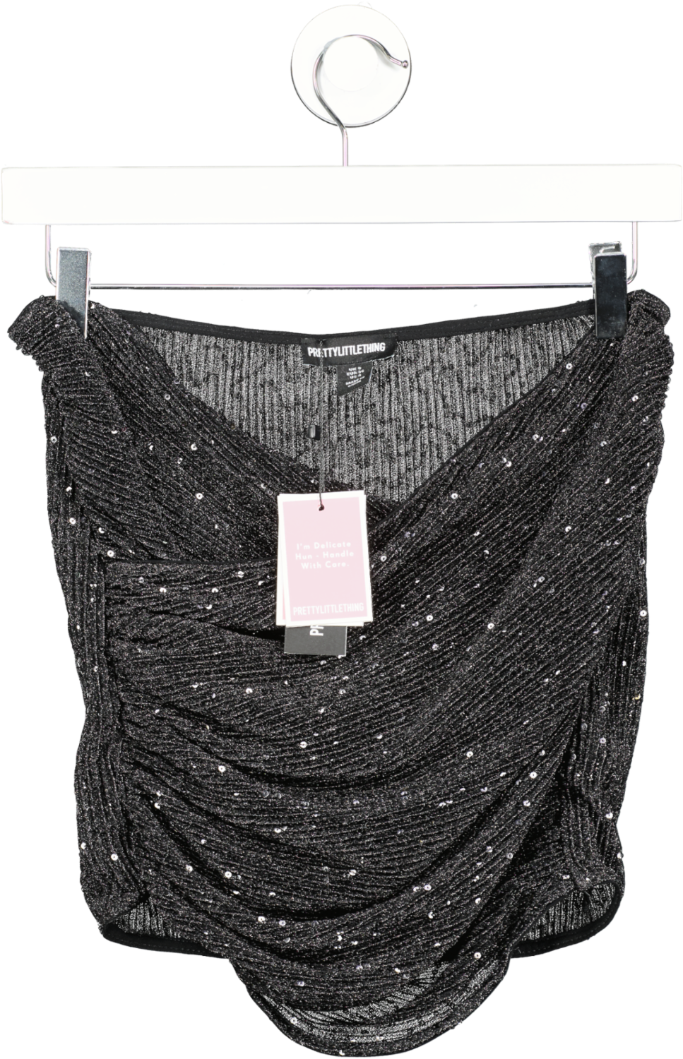 PrettyLittleThing Black Sequin Cross Over Mini Skirt UK 8