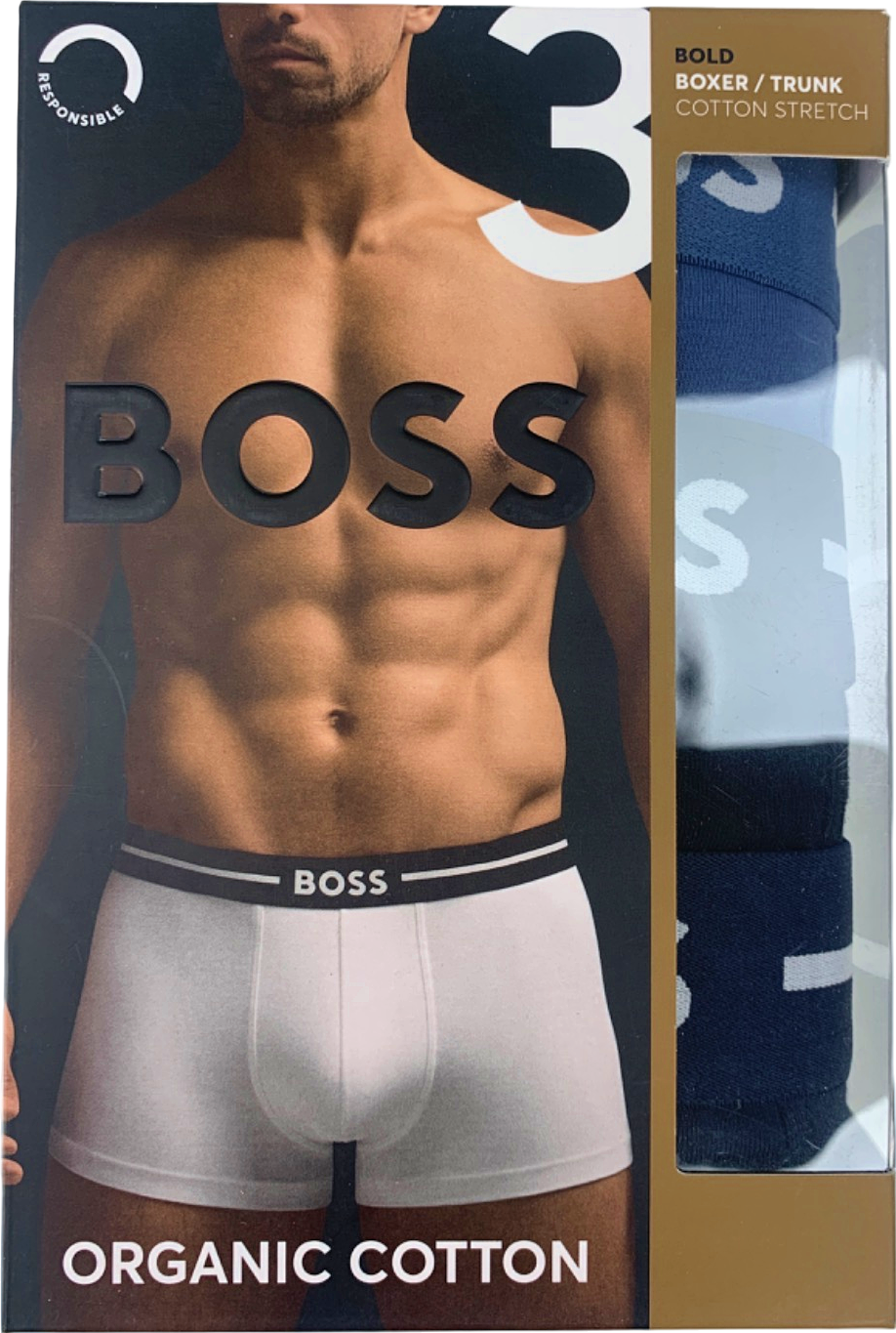 Hugo Boss Set of 3 Black/Blue/Navy Logo waistband Organic Cotton Trunk Boxer Shorts UK S