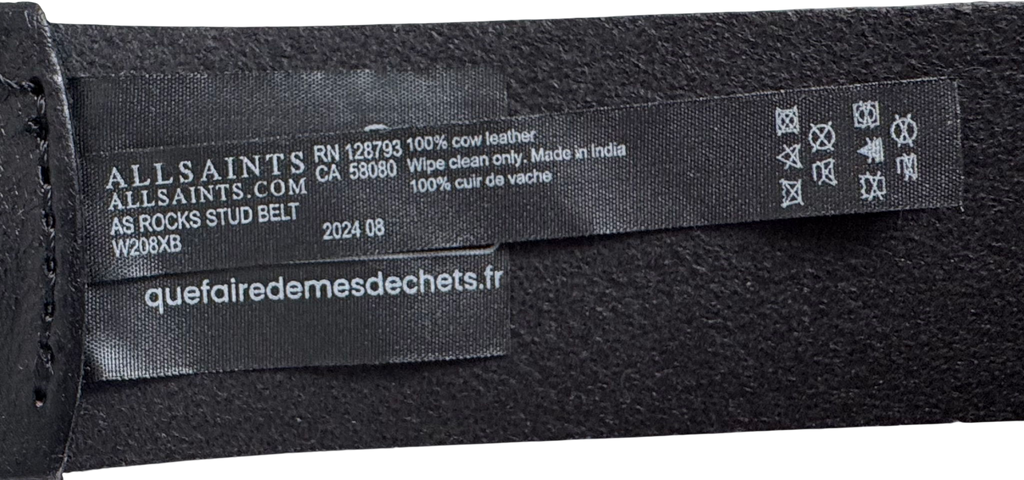 All Saints Black Leather Studded logo Belt UK M