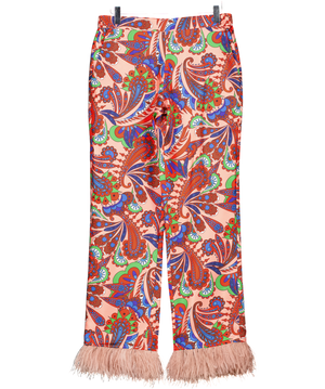 Borgo De Noir Multicoloured Printed 100% Silk Feather Trim Trousers Us6 UK 10