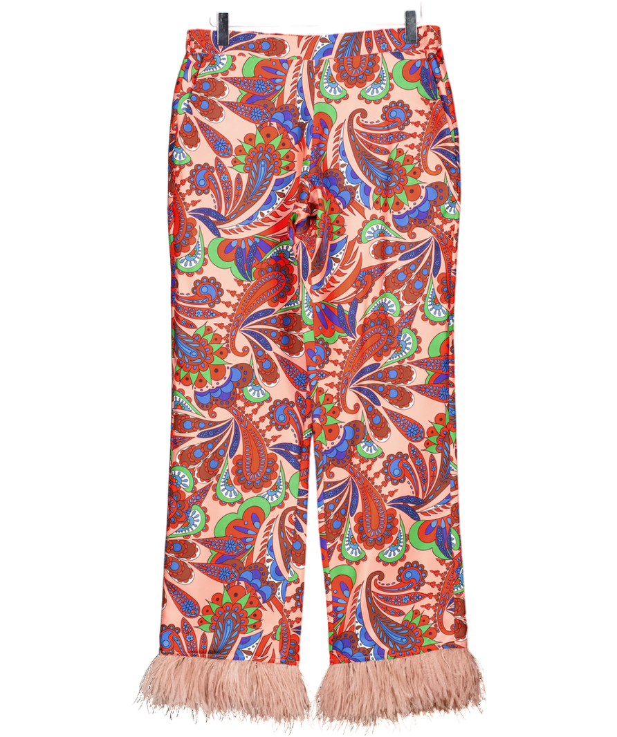 Borgo De Noir Multicoloured Printed 100% Silk Feather Trim Trousers Us6 UK 10