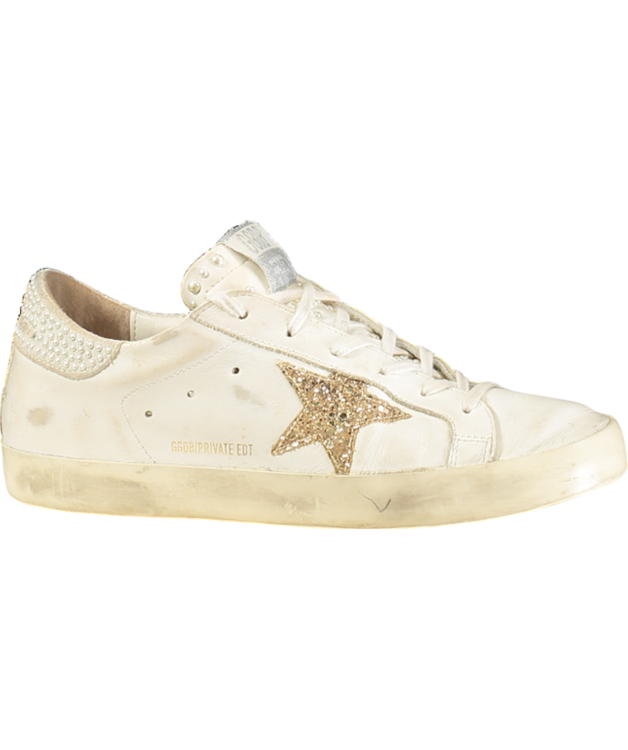 Golden Goose White Super-star Pearl Embellished Distressed Glittered Leather Trainers UK 6 EU 39 👠