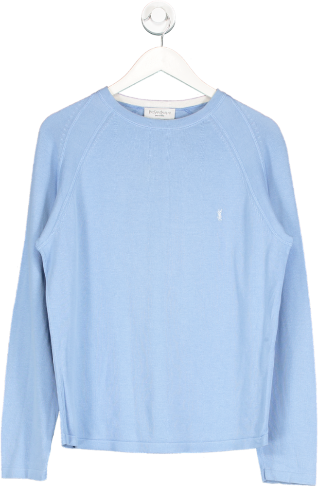 Yves Saint Laurent Blue Embroidered Logo Fine Knit Sweater UK S