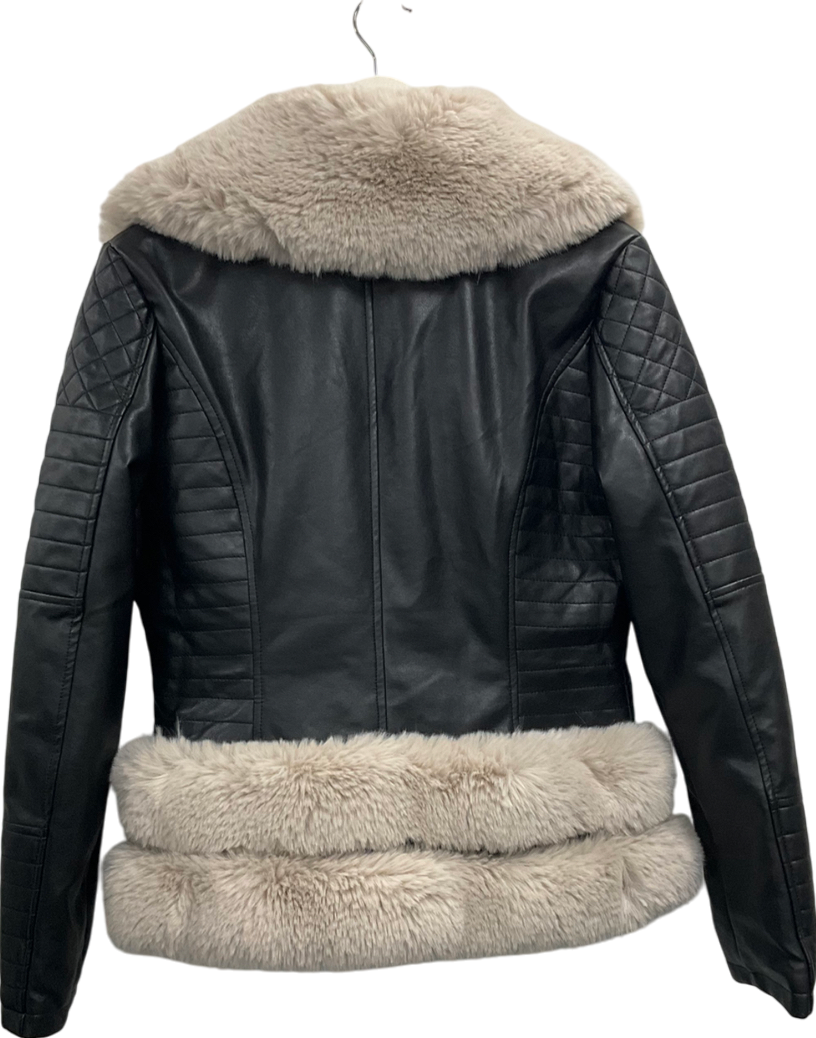 mochy Black Faux Leather Jacket With Fur Effect Trim UK M