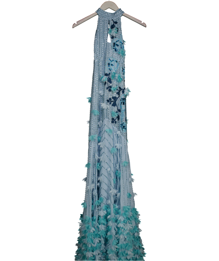 Karen Millen Blue Crystal Applique Halterneck Woven Maxi Dress UK 6