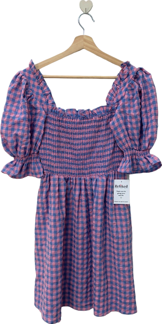 Warehouse Pink/Blue Gingham Puff Sleeve Dress UK 8