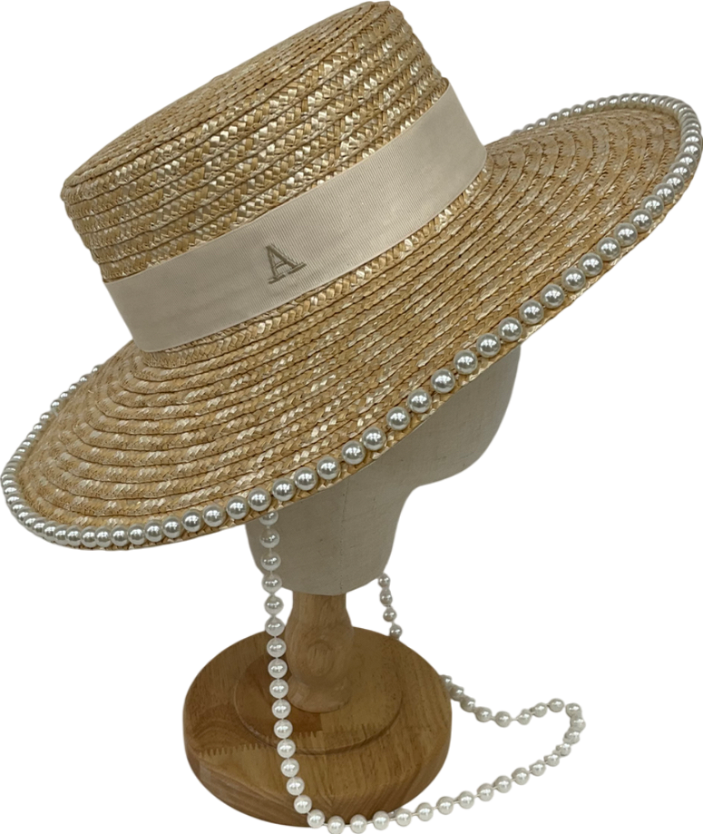 Boutique Bonita Beige Pearl Embellished Straw Hat With Embroidered ‘a’ One Size