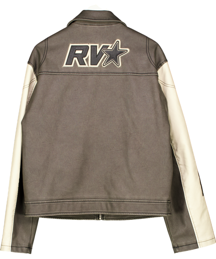 Reclaimed Vintage Brown Unisex Leather Look Washed Bomber Jacket With Branding UK 8