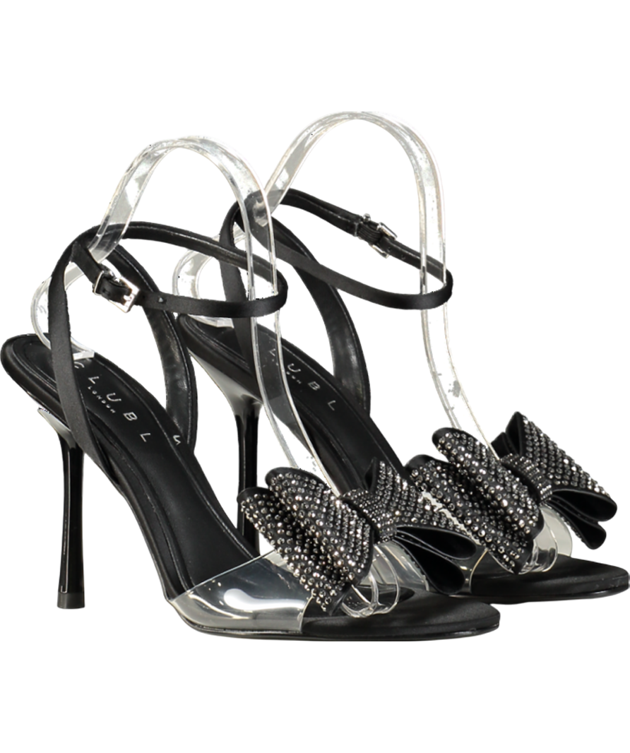 Club L Black Bowing Satin Heeled Sandals With Diamante Bows UK 6 EU 39 👠