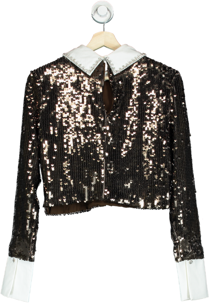 Karen Millen Gunmetal Sequin Woven Long Sleeve Crop Top UK 12