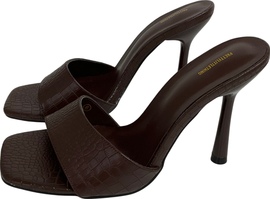 PrettyLittleThing Brown Chocolate Pu Croc Square Toe Heeled Mule Sandals UK 6