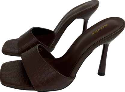 PrettyLittleThing Brown Chocolate Pu Croc Square Toe Heeled Mule Sandals UK 6