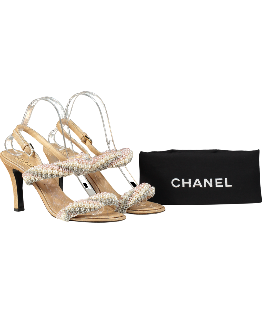 Chanel Beige Leather Fantasy Pearl Strap CC Sandals UK 6.5 EU 39.5 👠