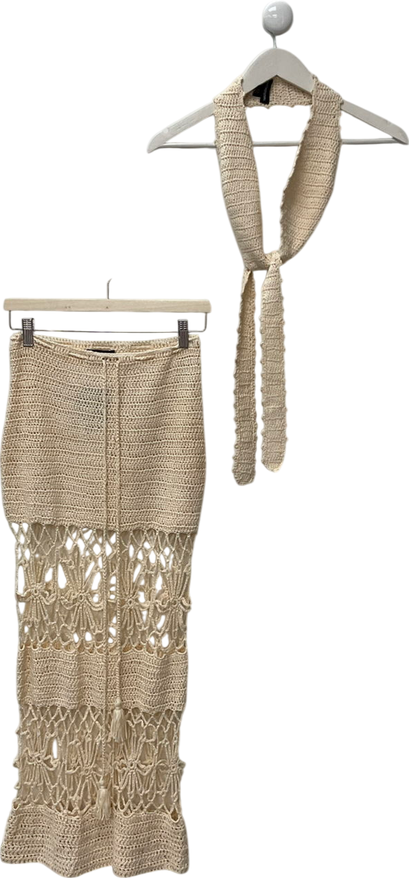 PrettyLittleThing Beige Cream Crochet Maxi Beach Skirt & Halter Neck Top UK 10