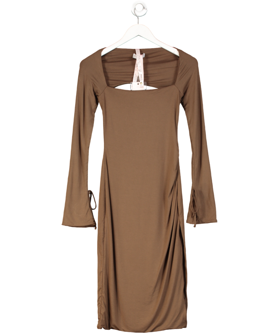 Oh Polly Brown Sawyer Square Neck Long Sleeve Midi Dress UK 8