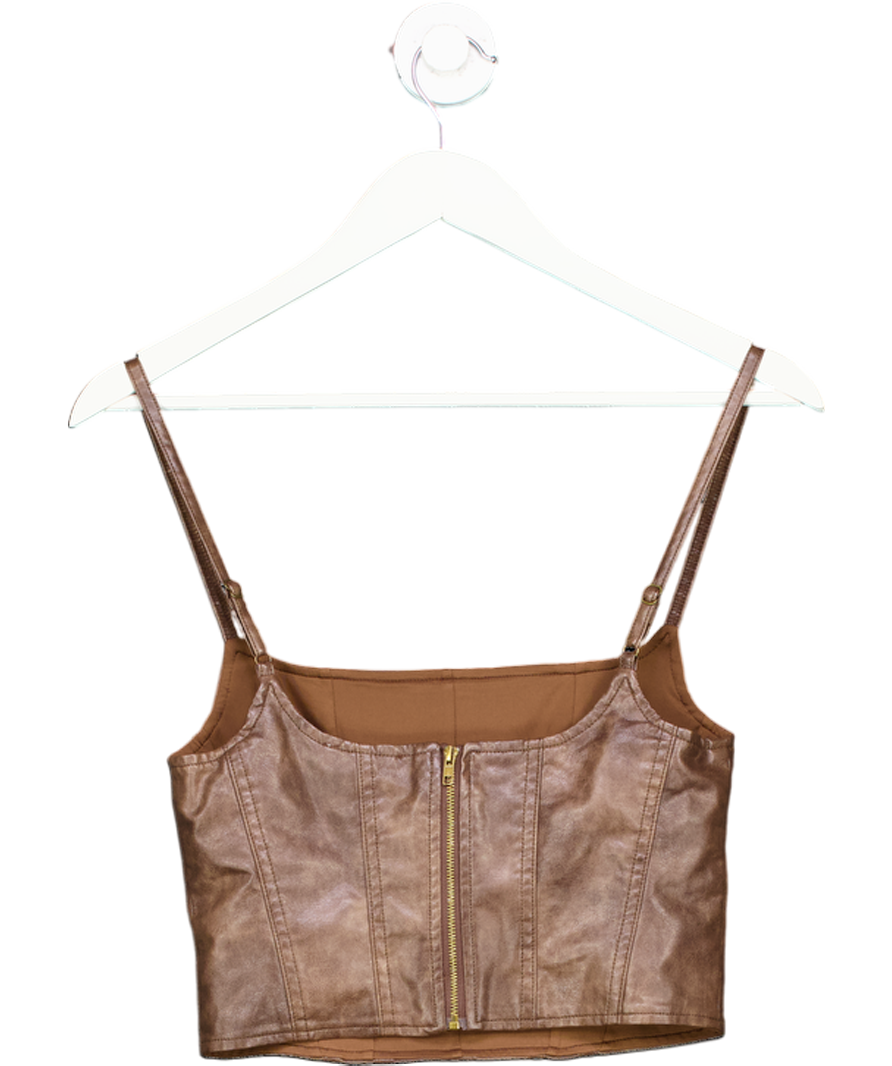 edikted Brown Scout Zip Up Faux Leather Corset UK S