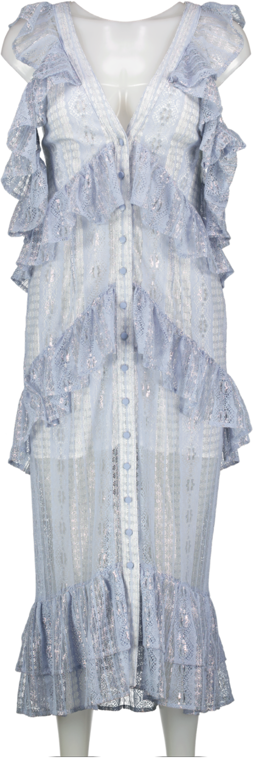 Alice McCall Blue Button Front Lace Midi Dress With Silver Detailing UK 10