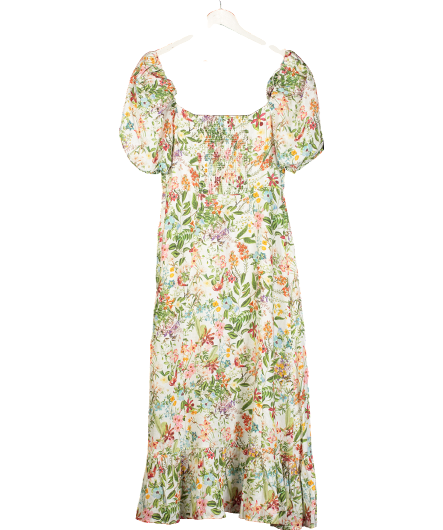 & Other Stories Multicoloured Puff Sleeve Linen Floral Print Midi Dress UK M