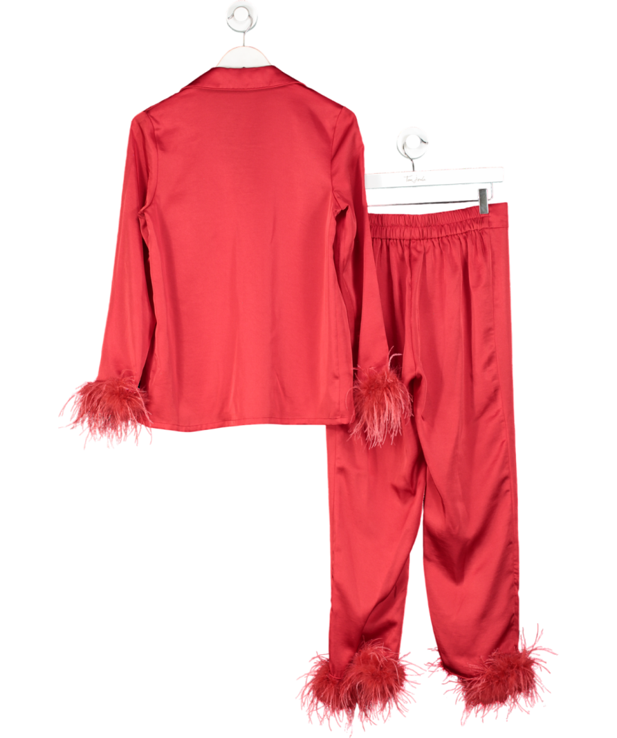 Nadine Merabi Red Satin Darcie Pyjama Set With Diamante Buttons And Feather Trim UK S