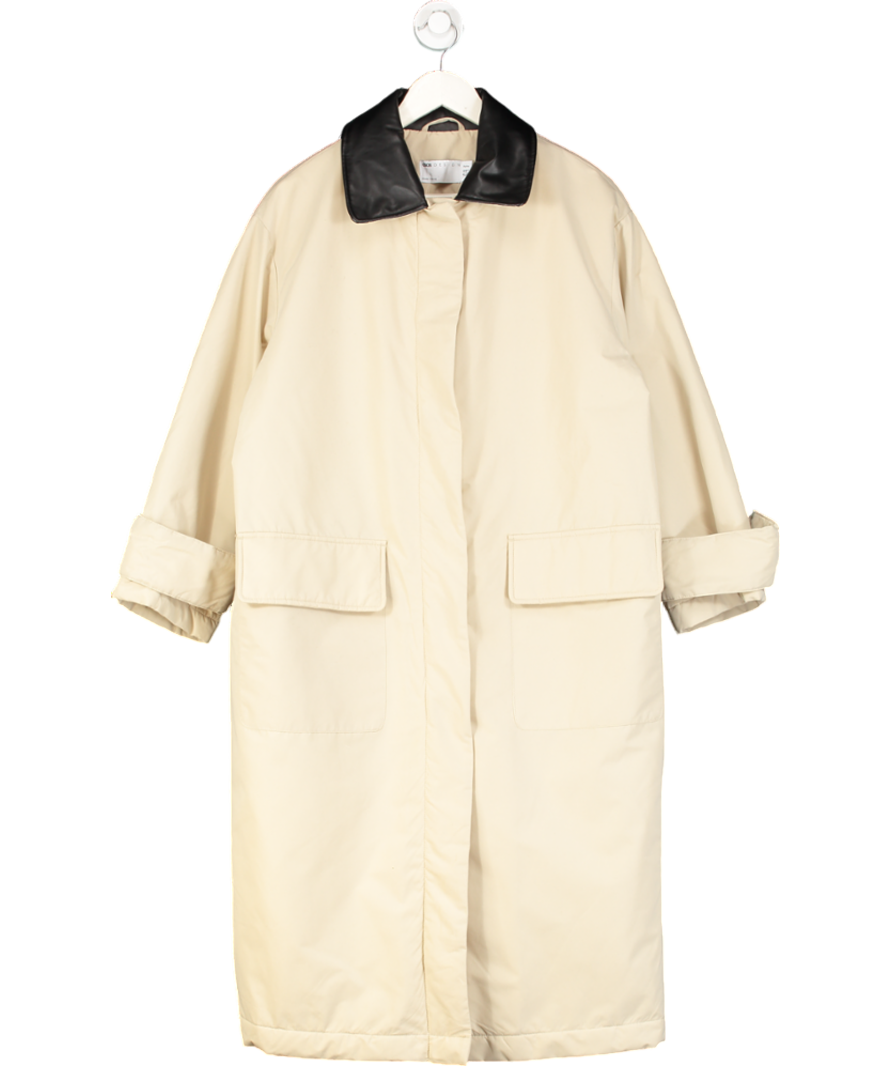 ASOS Design Beige Padded Overcoat With Faux Leather Collar UK 10