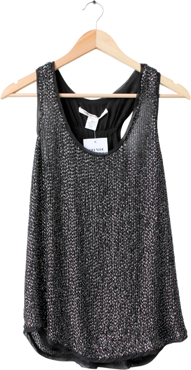 Diane von Furstenberg Black 100% Silk Beaded Sequin Racerback Cami Top Us0 UK 4