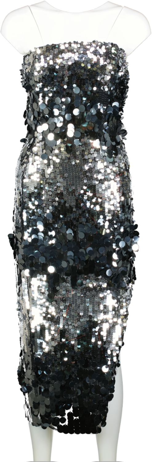 SOSANDAR Metallic Silver Statement Sequin Bandeau Midi Dress UK 8