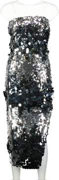 SOSANDAR Metallic Silver Statement Sequin Bandeau Midi Dress UK 8