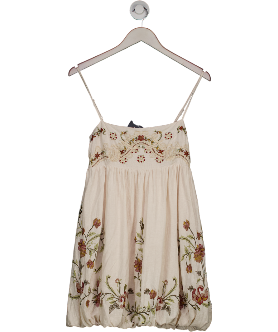 ZARA Beige Zw Collection Floral Embroidered Bubble Hem Mini Dress UK XS