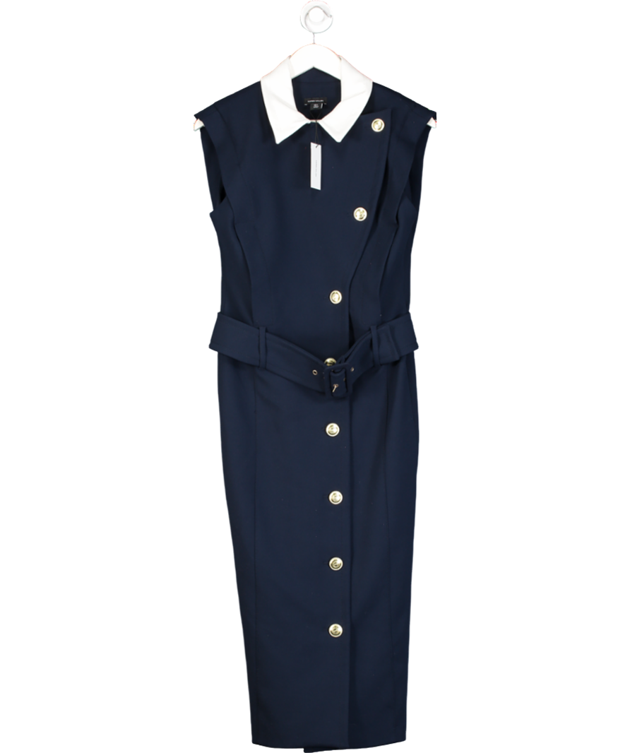 Karen Millen Blue Compact Stretch Tailored Contrast Collar Pencil Midi Dress UK 6