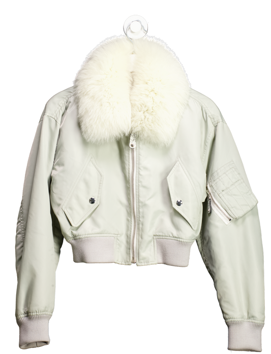 Yves Salamon Grey Cropped Bomber Jacket With Real Fur Collar And Detachable Fur Lining Fr34 UK 6