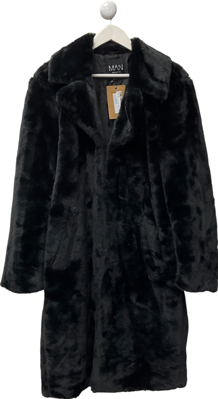boohooMan Black Faux Fur Overcoat UK M
