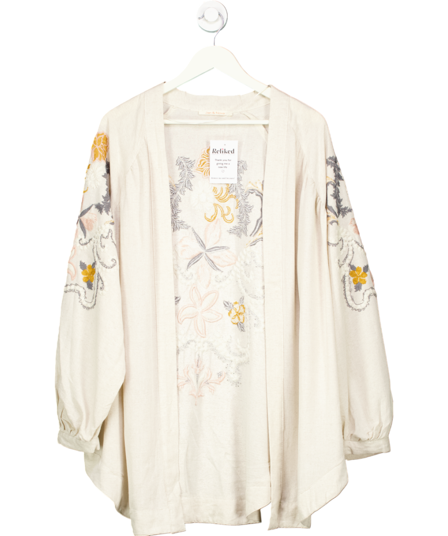 Jan & Nova Beige Floral Embroidered Kimono Shirt One Size