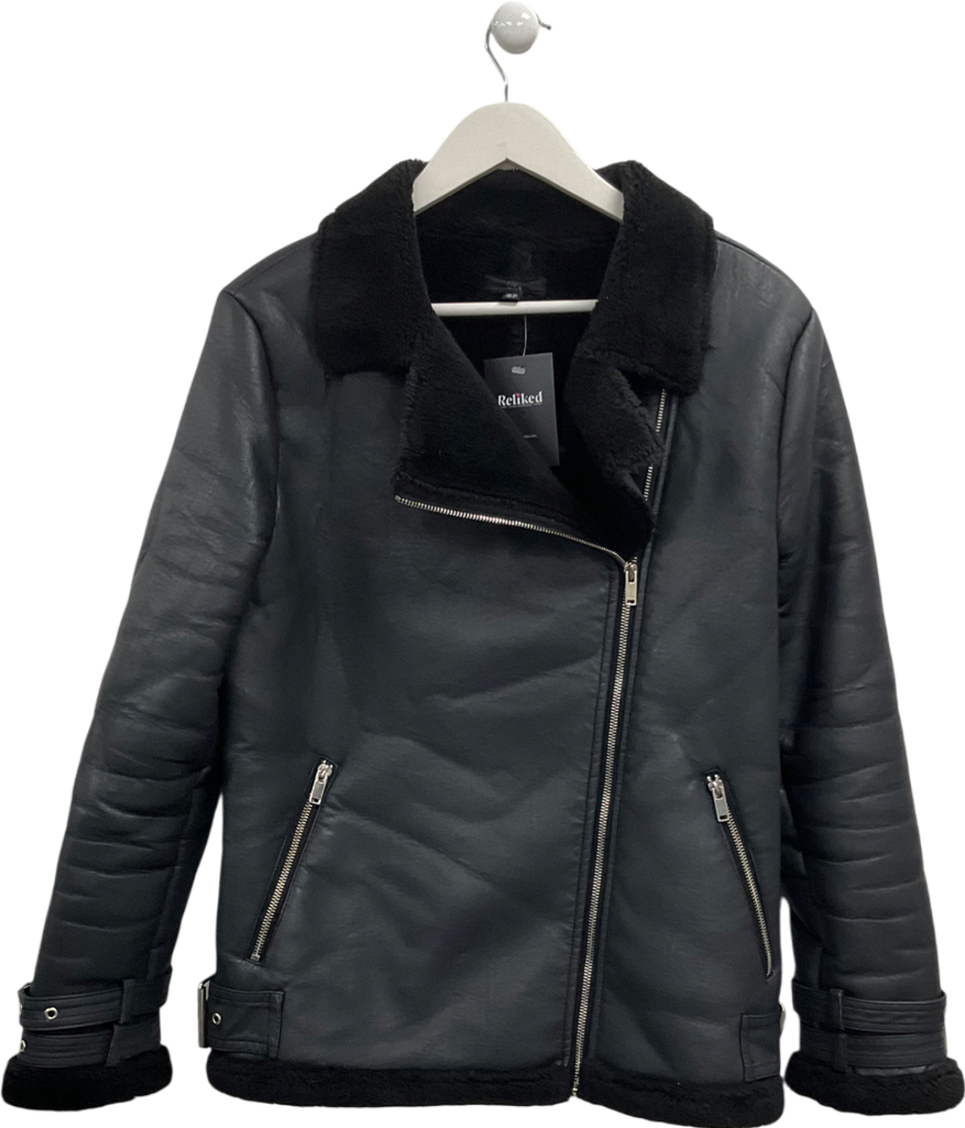 Missguided Black Faux Leather Sherling Lined Jacket UK 10