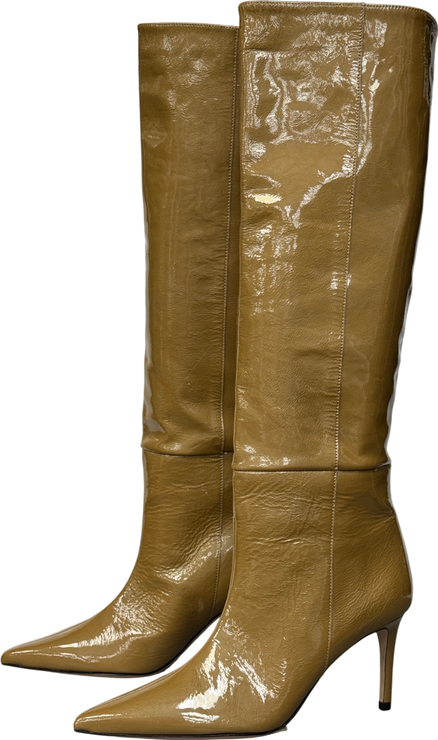 Custommade Beige Patent Leather Kitten Heel Knee Length Boots UK 6 EU 39 👠