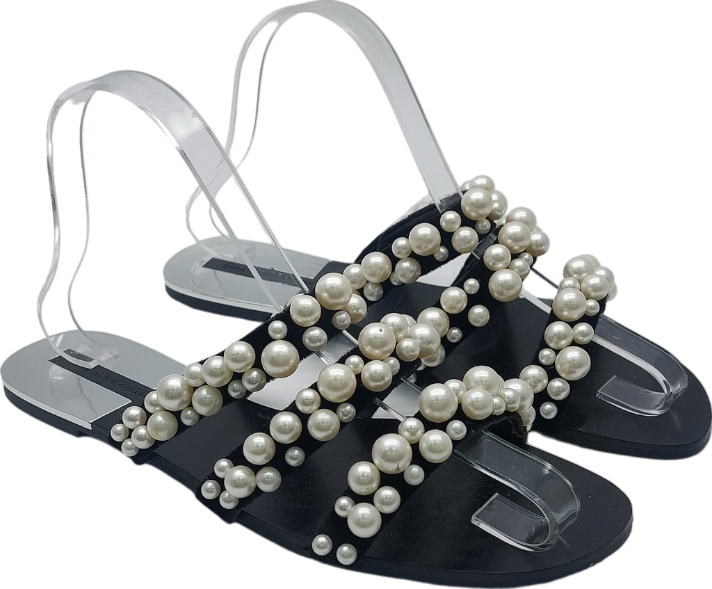 ZARA Black Flat Pearl Sandals UK 4 EU 37 👠